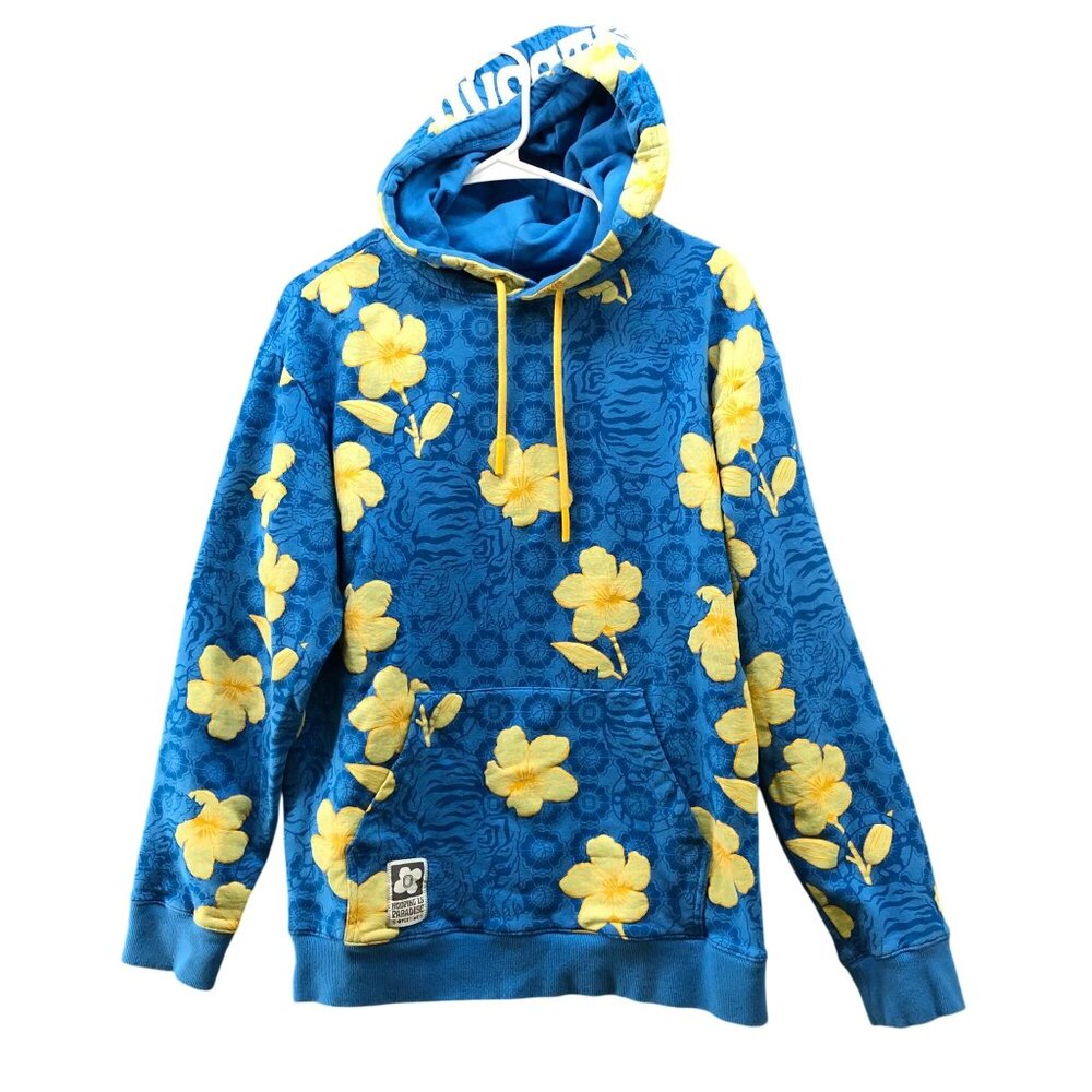 Overtime Hoodie Mens M Blue Yellow Floral Hawaiian‎ Tropical Tiger Graphic